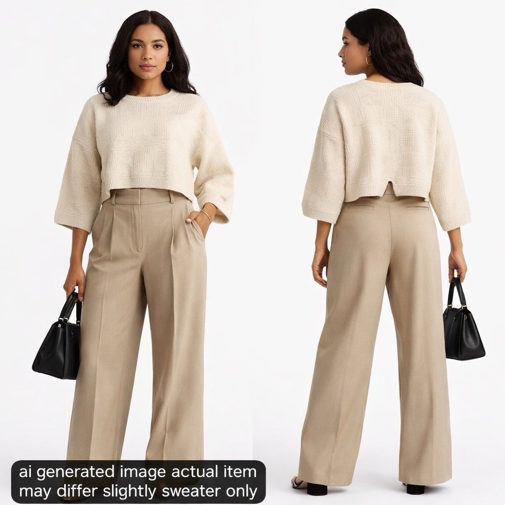 Storia Cropped Sweater Womens‎ Small Cream Boxy Textured Knit Drop Shoulder Top